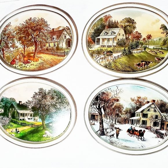 Set Of 4 Vintage Currier And Ives 1868 Oval Tin Metal Trays - Picture 2 of 14